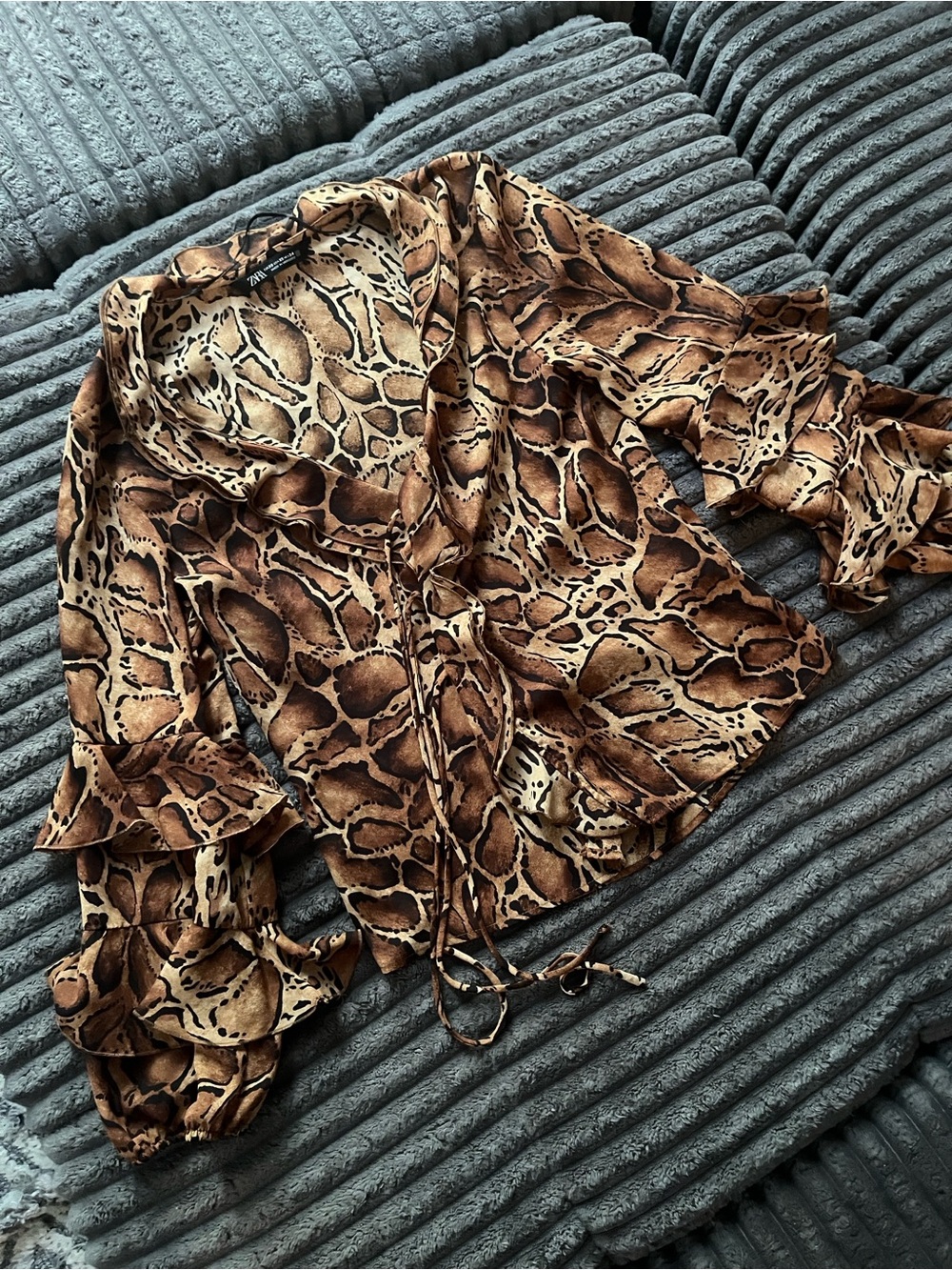 Zara Brown and Black Animal Print Tie-Neck Blouse
